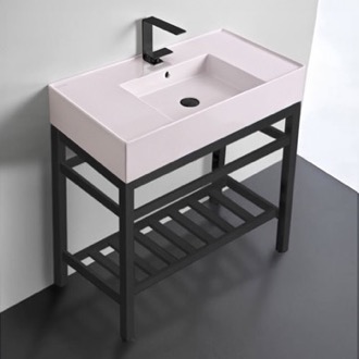 Console Bathroom Sink Pink Console Sink With Matte Black Base, Modern, 32